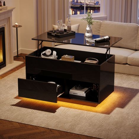Table basse moderne blanc brillant avec éclairage LED et 4 tiroirs – Table d'appoint avec espace de rangement, supporte jusqu'à 30 kg