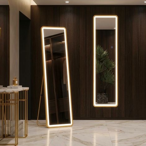 Miroir LED Plein Pied 150x40cm Doré - Miroir sur Pied Lumineux Rectangulaire avec Support et Fixation Murale - 3 Couleurs Réglables et Verre Trempé (1/5)