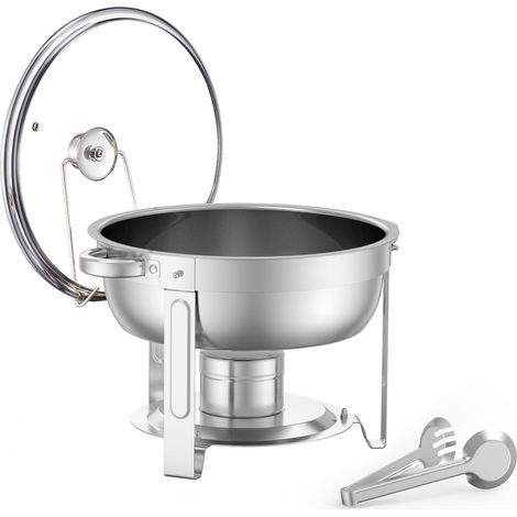 Chauffe-Plat Buffet 5L x2, Acier Inoxydable, avec 2 Plats Ronds, Couvercle Verre, Support Pliant et Porte-Briquettes, pour Mariage et Réception, Argent (1/5)