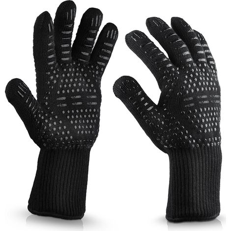 Gants de barbecue, résistants à la chaleur jusqu'à 800 °C, ignifuges en silicone antidérapant, lavables, pour la cuisine et la pâtisserie (noirs). (1/5)