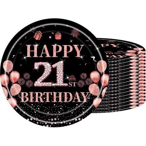 Pappteller 21. Geburtstag, 16 Stück, 18cm, Schwarz Rosé Gold, Einweg für Party