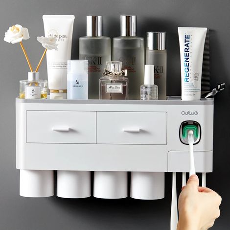 Ensemble d'accessoires de salle de bain porte-brosse à dents à adsorption magnétique distributeur automatique de dentifrice avec support de rangement mural pour tasse