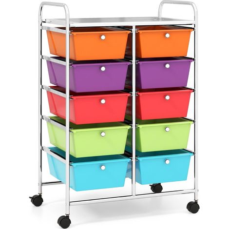 Carrello portaoggetti su ruote 65,5 x 37 x 87 cm con 10 cassetti estraibili e ruote bloccabili in metallo bianco 200019310