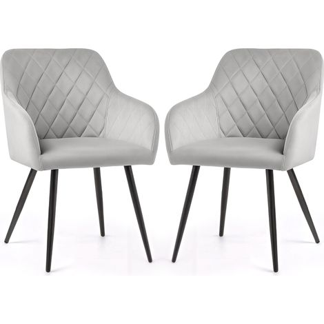 Lot de 2 Chaises en velours matelassées en losanges VELTO Gris pieds noirs (1/5)