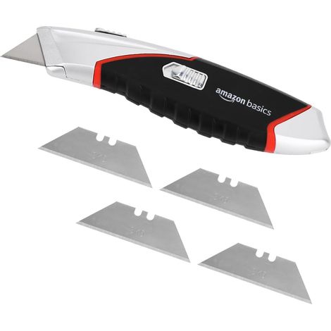Cutter ultra robuste ergonomique et rétractable, à chargement automatique,avec lame à 3 positions de verrouillage et 4 lames tranchantes remplaçables incluses dans le corps, Noir/Argenté (1/5)