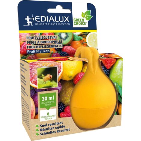 Edialux Piège à mouche des fruits avec appât, attrape-mouches fruits naturel, anti insectes, piège a phéromone écologique, usage intérieur, 8 semaines de protection, 1 piege + 2 x 15 ml appât (1/5)