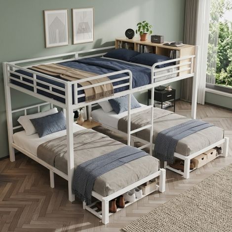 Lit superposé en métal 140 x 200 / 90 x 200 cm, blanc, lit superposé familial offrant 3 couchages, avec étagère ouverte, rangement à chaussures et échelle, pour chambre d'amis et chambre d'adolescent (1/5)