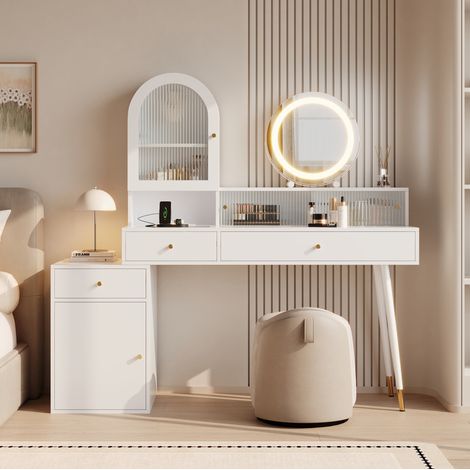Tocador LED con espejo redondo, USB y Tipo-C, 3 cajones, en MDF y tableros de partículas, blanco (1/5)