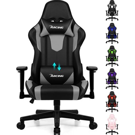 Gaming Stuhl ergonomisch mit Lendenkissen, Kopfkissen, Wippfunktion, bis 150 kg (1/5)