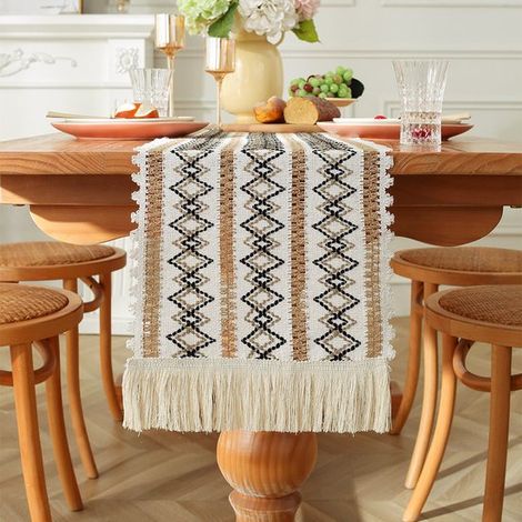 Tischläufer aus Leinen, Baumwoll Leinen, im Boho Stil, weicher Küchentischläufer mit Quasten, waschbar, für Hochzeiten, Feste, Landhausdekoration (1/4)