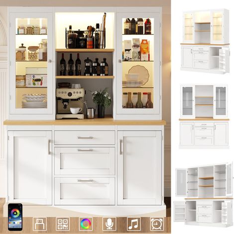 Buffet de cuisine haut 185x140x40 cm avec LED et plan de travail - Meuble de rangement 3 tiroirs et étagères réglables – Armoire de cuisine pour cuisine, salon ou buanderie (1/5)