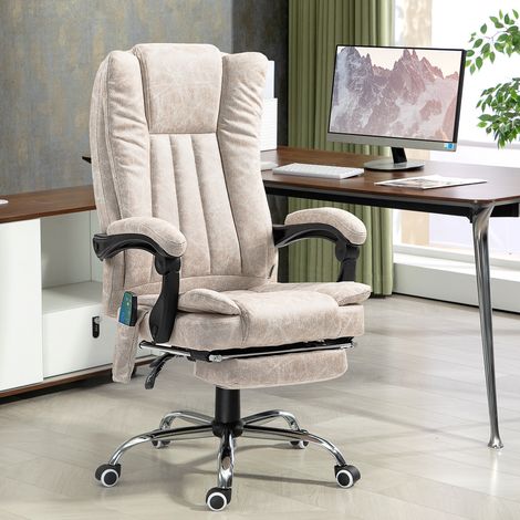 Fauteuil de bureau massant chauffant, hauteur réglable, dossier inclinable, repose-pied et télécommande, crème
