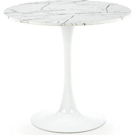 Table ronde 80 cm blanche avec plateau aspect marbre et pied en métal DANU (1/5)