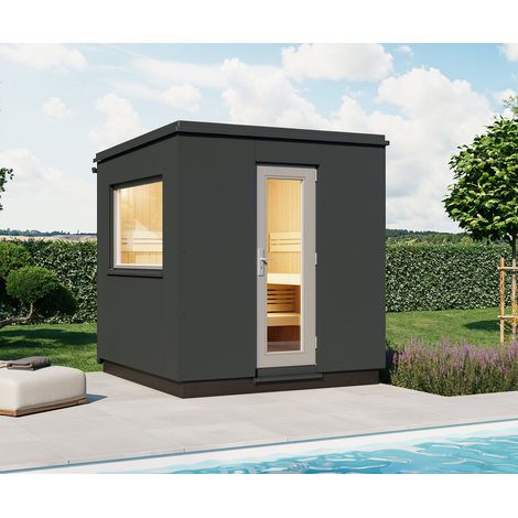 Infraworld Luna 1 Außensauna mit HPL-Platten Anthrazit versch. Fenstergrößen und Inneneinrichtung (1/2)