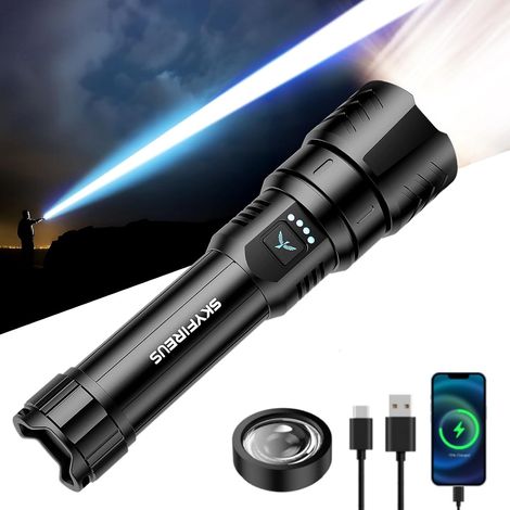 Lampe Torche Tactique LED Ultra Puissante 50000 Lumens - Zoom Réglable, Lentille d'Allumage, 4 Modes d'Éclairage, Fonction Powerbank, Étanche IPX6 pour Outdoor, Camping et Situations d'Urgence (1/5)