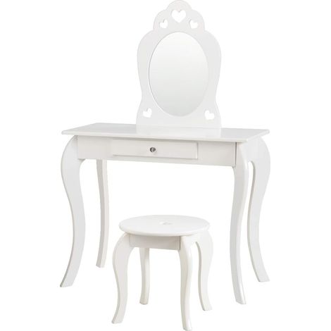 GOPLUS Coiffeuse pour Fille de Style Princesse Europeenne, Table de Maquillage pour Enfant avec Tabouret, Miroir et Tiroir en MDF, Pieds en Bois de Pin, 70 x 34 x 105CM (Blanc) (1/4)