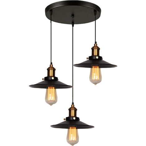 3-Flammige Industrielle Pendelleuchte Metall Eisen Hängelampe E27 Retro Lampenschirm für Küche Wohnzimmer Esszimmer Cafét Bars (Schwarz) - Runde Basis
