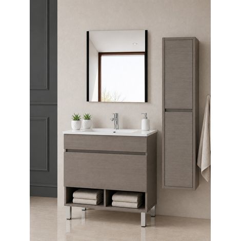 Mueble de baño con patas con lavabo extraplano ORIGENBATH NEBARI con patas y cajón sin espejo 50x40 cm roble smoky con columna (1/5)