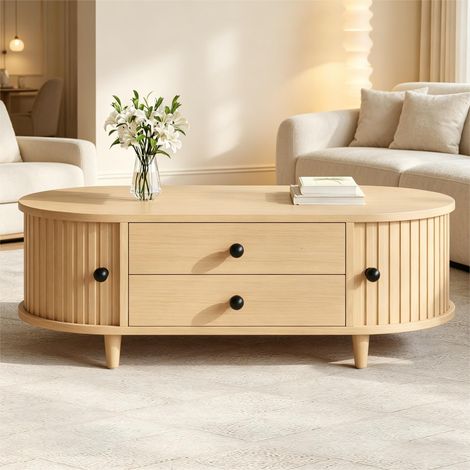 Table basse 100 x 50 x 36 cm - MDF effet bois clair - Pieds bois massif, 2 tiroirs, charge 50 kg (1/5)