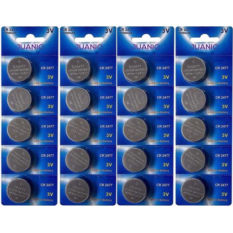 Lot de 20 Piles bouton plates lithium type CR2477 3V compatibles DL2477, ECR2477, BR2477 - Juanio - (1/2)
