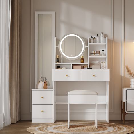 Moderner 4-in-1-Schminktisch mit Ganzkörperspiegel + Drehspiegel + Hocker, LED-Beleuchtung, Metallgriff, H164 cm x B109 cm x T36 cm, Weiß