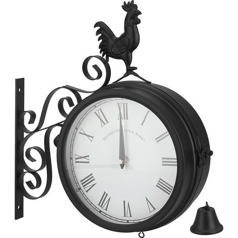 Horloge murale ronde double face en fer forgé, design coq rétro, silencieuse (sans tic-tac), idéale pour le jardin. (1/5)