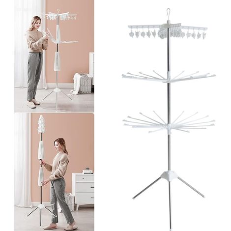 Tendedero plegable de 3 niveles, 68 x 68 x 170 cm, giratorio 360°, para baño, armarios, balcones, barras de secado, barras de cortina de ducha, etc. (blanco)