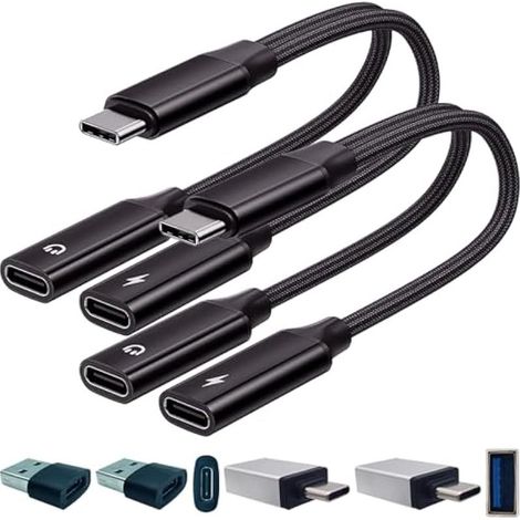 Kit d'adaptateur Jack pour Casque Audio Dual Type c 2 Pcs, Noir, Alimentation PD15W + Audio Type-C & Adaptateur 4 Pcs, Prend Charge Musique, données, Jeux ou périphériques Pendant Recharge (1/5)