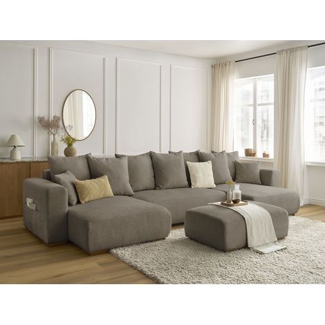 BOBOCHIC - Canapé panoramique convertible coffre SIDONIE tissu chiné avec pouf   Taupe (1/5)