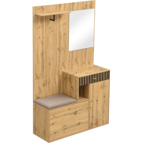 ELVMI Garderobenschrank mit Spiegel, Sitzbank, Schublade, Regalen und Haken, aus MDF, Schwarz und Holz, 110 x 37 x 185.5 cm (1/4)