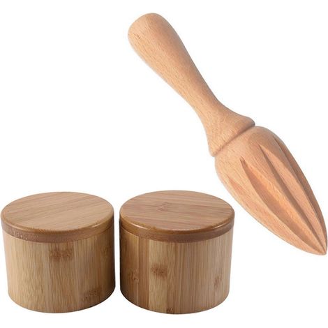Presse-citron en bois (1 pièce), mini presse-agrumes avec 2 boîtes de rangement (boîte à sel en bambou). (1/5)