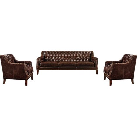 Canapé 3 places et 2 fauteuils en cuir COLBERT - Marron (1/5)