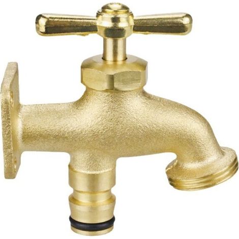 Robust brass outdoor tap with adapter, ¾" BSP thread", easy installation for posts or wooden walls.