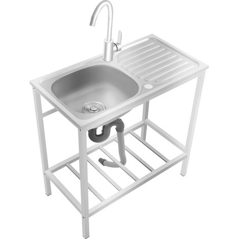 HAUTOUR Lavabo sur pied rectangulaire argent en acier inoxydable autoportant, évier mobile avec robinet rotation 360°, pour cuisine jardin garage restaurant camion-restaurant (1/5)