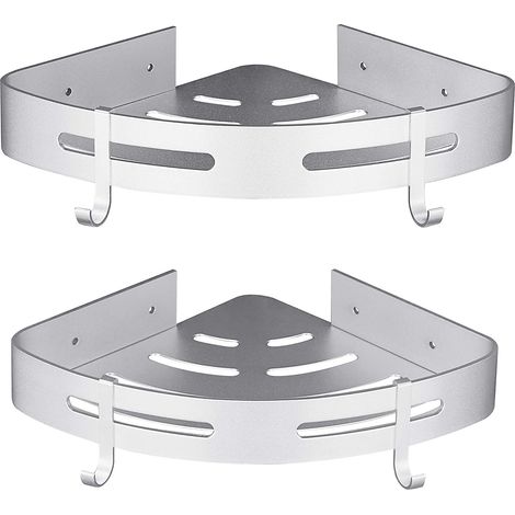 Eckduschablage, kein Bohren erforderlich, Badezimmeraccessoire aus Aluminium, 2er-Set, Silber, mit Haken (1/5)