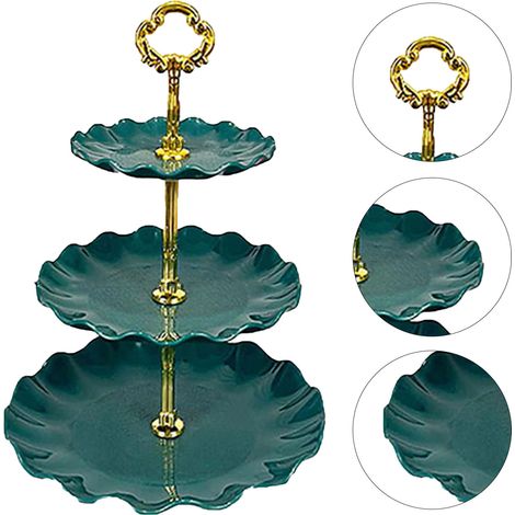 Plateau à fruits à 3 étages de style nordique, en plastique, vert foncé, idéal pour les fêtes et les desserts. (1/5)