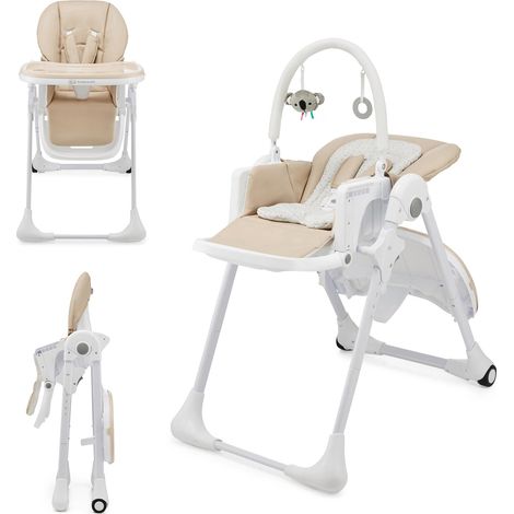 Chaise Haute 2 en 1, pour Bébé Ergonomique, Confortable, Inclinable, Pliable, avec Hauteur Réglable, Repose-Pieds, Plateau Amovible, pour Tout-Petit, avec jouets, Beige (1/5)