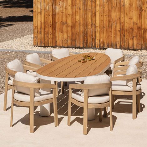 SKLUM Ovales Tischset Taneli, 260 x 110 cm, aus Aluminium und Teakholz, und 8 Gartenstühle Uleno aus Akazienholz. Teakholz (1/5)