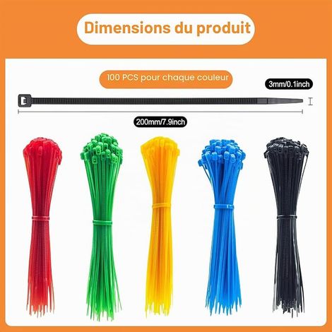 Collier de Serrage Plastique, 200mm x 3mm Attache Câble Colorées Autobloquantes, Collier Serre-Câble Marqué Résistants Maison, Bureau, Jardin, Garage, Atelier (1/4)
