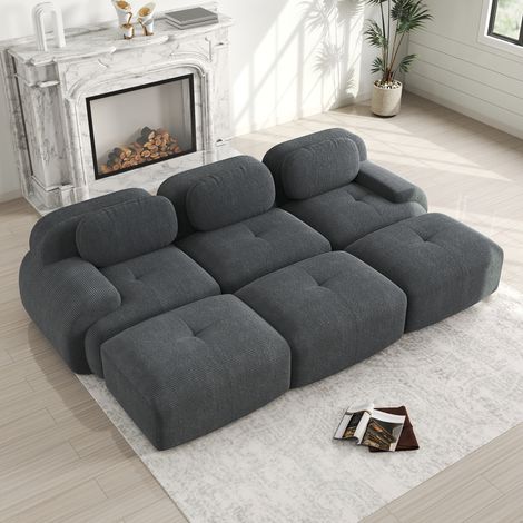 Canapé d’angle modulaire 298x178x75 cm gris en velours côtelé sans montage avec 3 poufs (1/5)