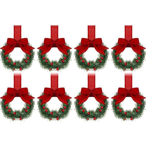 Guirlande De Noël Miniature - 10 Cm De Diamètre Intérieur - Ruban Rouge - Pour Armoires De Cuisine Portes Et Fenêtres - Lot De 12 (1/5)