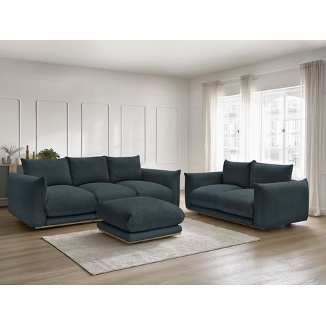BOBOCHIC - Ensemble canapé droit fixe 3 + 2 places ERNEST tissu velours côtélé avec pouf Bleu foncé (1/5)