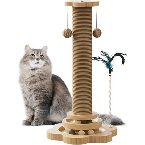 Kratzbaum für Katzen im Innenbereich, interaktives 4-in-1-Spielzeug mit Hüpfball und Katzenspielzeug, 46 cm hoher Kratzbaum aus Holz mit hängendem Ball.