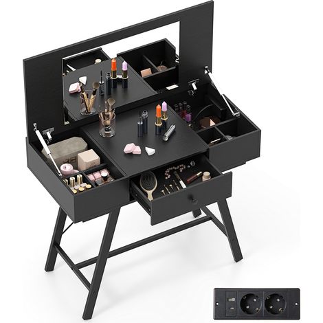 2 en 1 Coiffeuse avec Miroir, Coiffeuse avec Rangement, Station de Charge, Plateau Rabattable, 6 Compartiments, Tiroir, Table de Maquillage, Noir