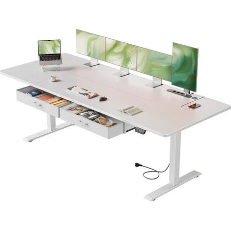 EcoFurnix Scrivania Elettrica Regolabile in Altezza, 200 x 80 cm, con Presa di Corrente Integrata, 2 Cassetti Rimovibili, Porta USB-C, Bianco