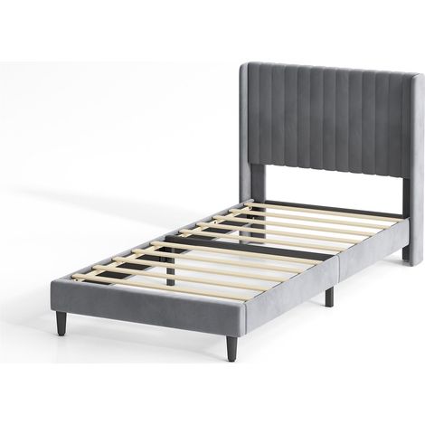 Upholstered Bed Frame with Cozy Button Tufted Headboard & Adjustable Height, Wood Slat Support CHARLIE SINGLE GREY (1/5)