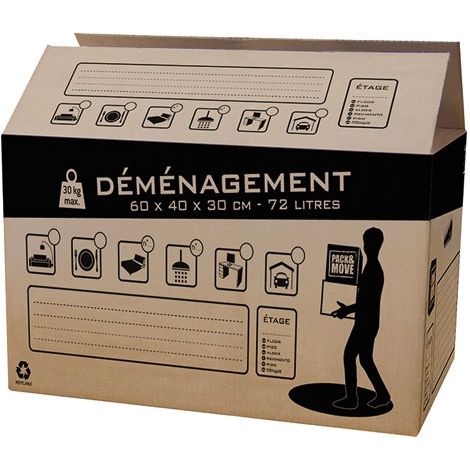 FP – Carton de déménagement 60 x 40 x 30 cm 72L – Boîte en carton renforcée – Idéal pour stockage et transport – Résistant et étanche