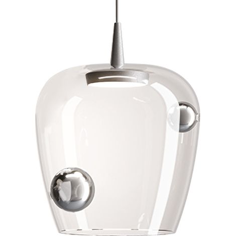 Zafferano Lampada a sospensione Bilia 27 cm in Vetro Soffiato e Alluminio Argento, Sorgente LED 8W Dimmerabile TRIAC, Altezza Totale 333 cm