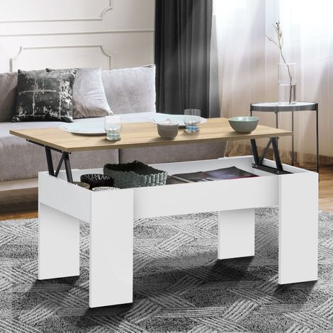 Mesa de centro elevable TARA de madera blanca e imitación de haya