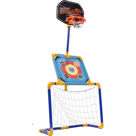 Jeu de sport 3 en 1 pour enfants : mini but de football portable avec panneau de basket et cible en toile de ballon adhérente pour une utilisation intérieure et extérieure. (1/5)
